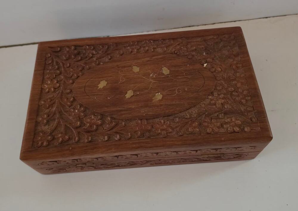 Hand Carved wooden jewelry box vintage floral inlay trinket box Made in India